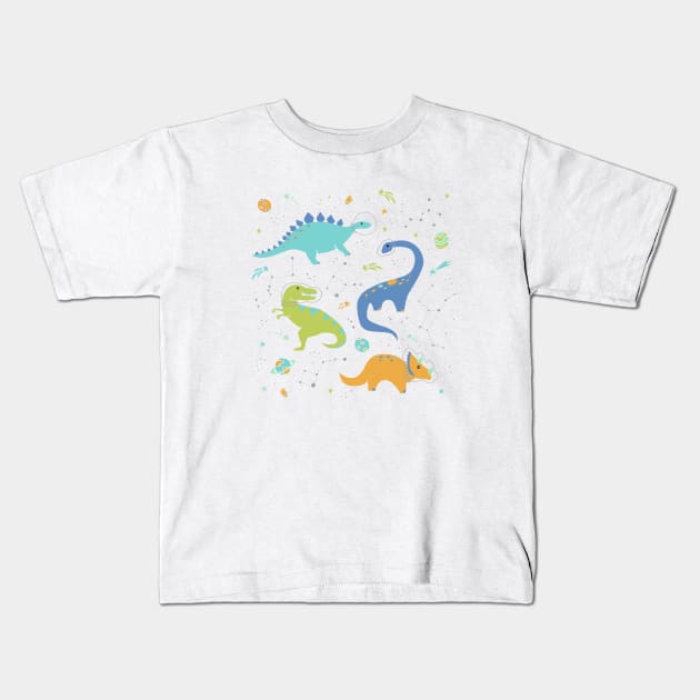 Space Dinosaurs in Orange + Blue Kids T-Shirt by latheandquill